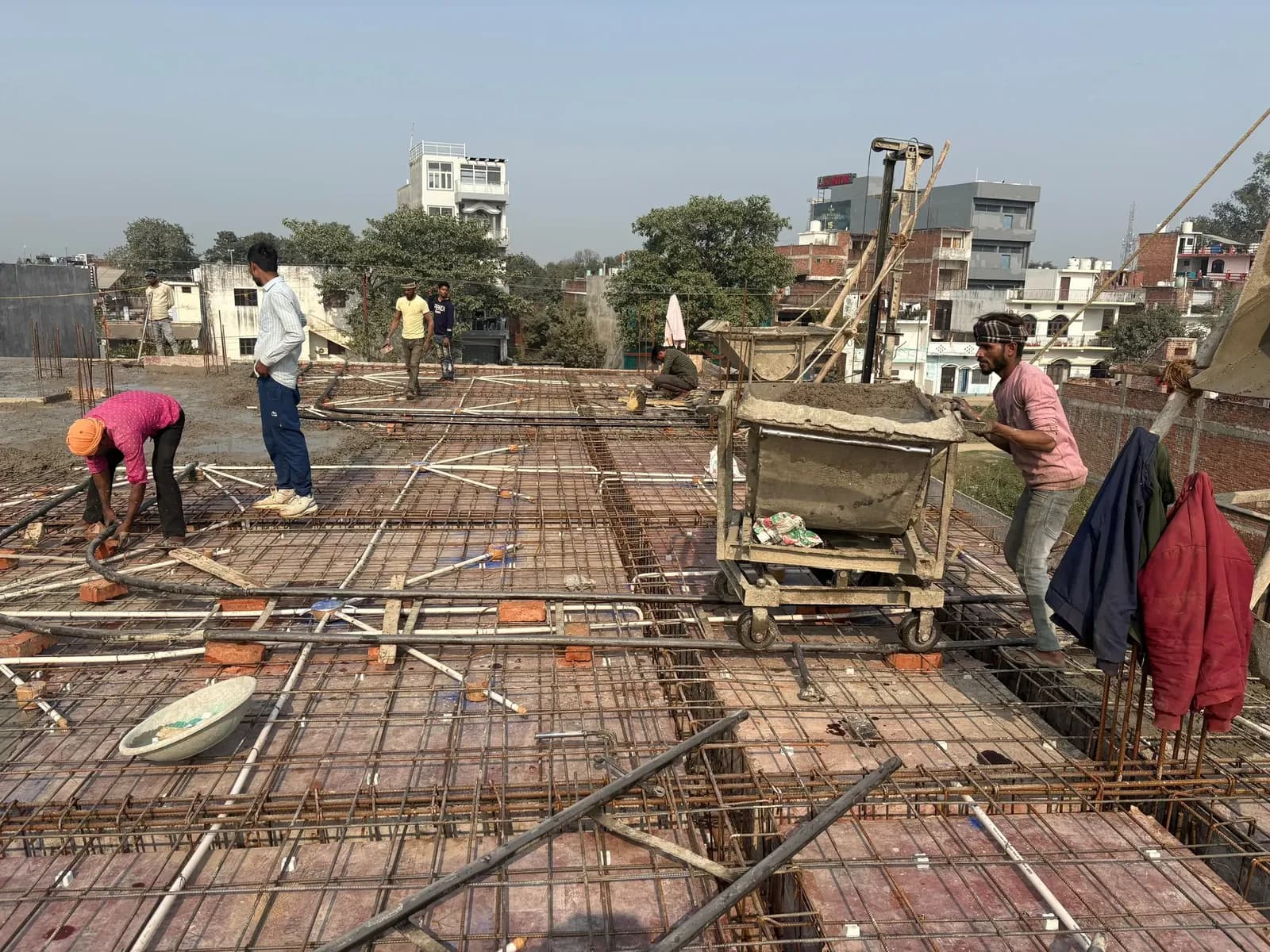 Slab reinforcement laid out before casting