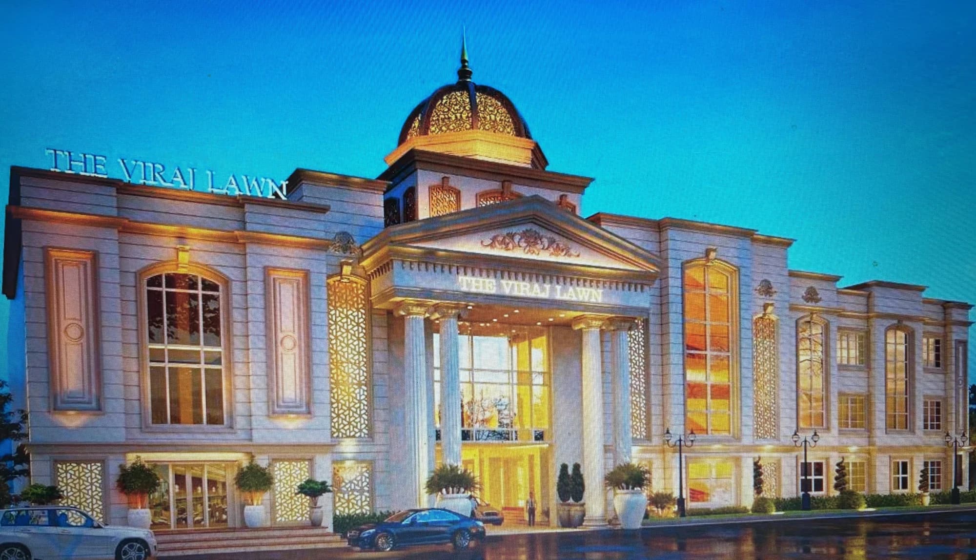 3D rendered night view of The Viraj Lawn with a domed central portico and illuminated façade